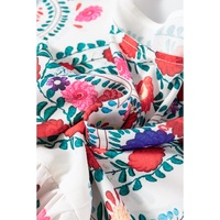 White Boho Floral Print Round Neck Ruffle Trim Blouse - S thumbnail