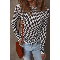 Black Checkered Pattern Mesh Mock Neck Long Sleeve Top - L thumbnail