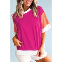 Rose Red Color Block Patchwork Side Slits Loose Fit T Shirt - XL thumbnail