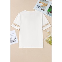 White Lace Crochet Crew Neck Casual T Shirt - M thumbnail