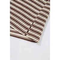 Brown Stripe Textured Side Slits Crew Neck T Shirt - L thumbnail