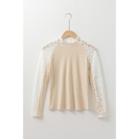 Beige Floral Lace Patchwork Long Sleeve High Neck Slim Top - S thumbnail