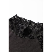 Black Floral Lace Patchwork Long Sleeve High Neck Slim Top - S thumbnail