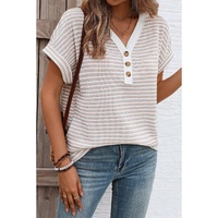 Khaki Stripe Buttoned Front V Neck Knitted T Shirt - L thumbnail