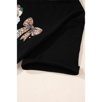 Black Santa Claus Leopard Bow Print Crew Neck Casual T Shirt - M thumbnail
