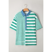 Green Stripe Colorblock Collar Half Buttons T Shirt - L thumbnail