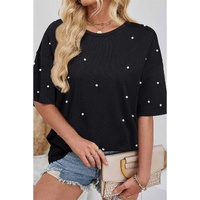 Black Pearl Beaded  Drop Shoulder Crewneck T Shirt - M thumbnail