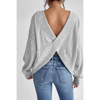 Light Grey Textured Crossover Backless Knit Long Sleeve Top - L thumbnail