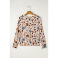 Khaki Floral Print Loose Crew Neck Long Sleeve T Shirt - L thumbnail