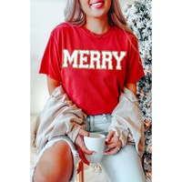 Red Christmas MERRY Graphic Cuffed Sleeve T Shirt - S thumbnail