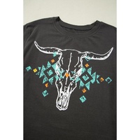 Carbon Grey Vintage Western Bull Head Skull Turquoise Aztec Graphic T Shirt - L thumbnail