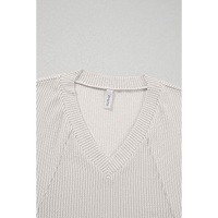 White Solid Color Corded Drop Shoulder 3/4 Sleeve V Neck Top - S thumbnail