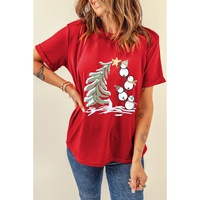 Red Christmas Tree Snowman Printed Crewneck T Shirt - 3XL thumbnail
