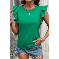Dark Green Embroidered Ruffled Sleeve Slim Fit Crew Neck Top - L thumbnail