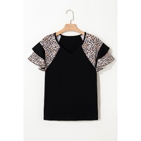 Black Leopard Print Patchwork Ruffled Sleeve V Neck T Shirt - S thumbnail