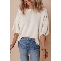 White Pearled Puff Sleeve Round Neck Loose Top - L thumbnail