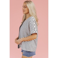 Black Stripe Two Tone Colorblock V Neck T Shirt - L thumbnail