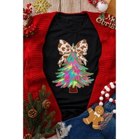 Black Heat Transfer Printing Christmas Tree Bowknot T-Shirt - M thumbnail