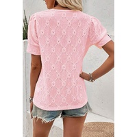 Pink Flower Geometric Textured Button Short Sleeve Top - S thumbnail