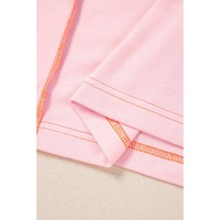 Light Pink Lace Patchwork Exposed Seam V Neck T Shirt - L thumbnail