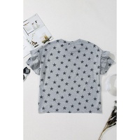 Gray Star Print Tiered Ruffled Sleeve Crew Neck T Shirt - S thumbnail