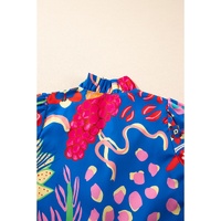 Blue Abstract Print Frilled Collar Ruffled Puff Short Sleeve Top - L thumbnail