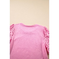 Pink Eyelet Embroidery Scalloped Sleeve Round Neck T Shirt - M thumbnail