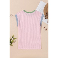 Pink Color Block Corded Knit Crew Neck Tee - L thumbnail