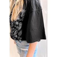 Black Paisley Print Crew Neck Loose Fit Tunic Tee - S thumbnail