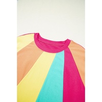 Rose Red Color Block Ruffled Crew Neck Loose Fit T Shirt - S thumbnail