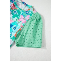 Green Floral Print Eyelet Embroidered Short Sleeve Crew Neck Top - M thumbnail