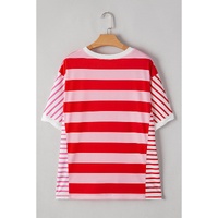 Pink Stripe Patchwork Round Neck Side Split Loose T Shirt - S thumbnail