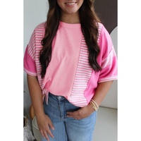 Pink Stripe Color Block Patchwork Loose Half Sleeve T Shirt - L thumbnail