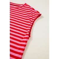 Red Stripe Ribbed Cap Sleeve Round Neck T Shirt - L thumbnail