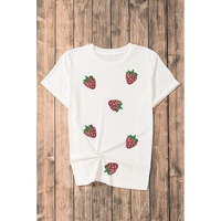 White Sequin Strawberry Patched Crew Neck T Shirt - 3XL thumbnail