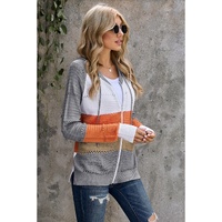 Gray Zipped Front Colorblock Hollow-out Knit Hoodie - M thumbnail