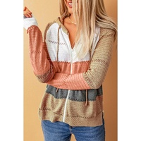 Azura Exchange Zipped Front Colorblock Hollow-out Knit Hoodie - L thumbnail