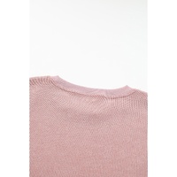 Pink Solid Ribbed Knit Round Neck Pullover Sweatshirt - L thumbnail