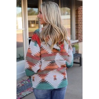 Multicolor Aztec Print Zipped Split Neck Hoodie - S thumbnail