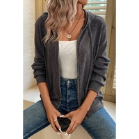 Dark Grey Ribbed Zip Up Front Drawstring Hoodie - L thumbnail
