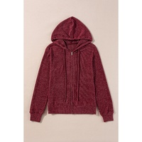 Red Dahlia Ribbed Zip Up Front Drawstring Hoodie - L thumbnail
