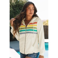 Apricot Colorblock Striped Patchwork Side Pockets Zipper Hoodie - L thumbnail