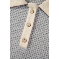 Khaki Textured Colorblock Collared Henley Top - L thumbnail