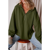 Moss Green Fleece Lined Half Zipper Kangaroo Pockets Loose Hoodie - 2XL thumbnail
