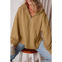 Brown Fleece Lined Half Zipper Kangaroo Pockets Loose Hoodie - M thumbnail