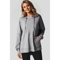 Gray Waffle Knit Fleece Lined High Low Oversized Hoodie - M thumbnail