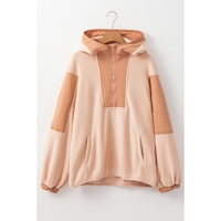 Light French Beige Colorblock Patchwork Half Zip Oversized Sherpa Hoodie - L thumbnail