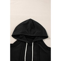 Black Exposed Seam Cold Shoulder Drawstring Hoodie - M thumbnail