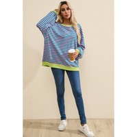 Green Stripe Oversized Contrast Trim Pullover Sweatshirt - XL thumbnail