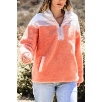 Orange Colorblock Half Zipper Stand Neck Sherpa Sweatshirt - L thumbnail